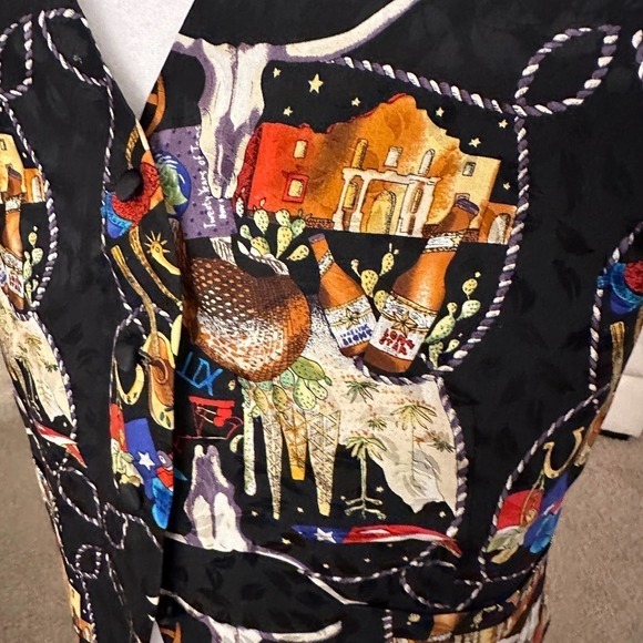 Vintage Nicole Miller Printed Vest Cowboy Rodeo Western Silk Black Size Large - Picture 10 of 11